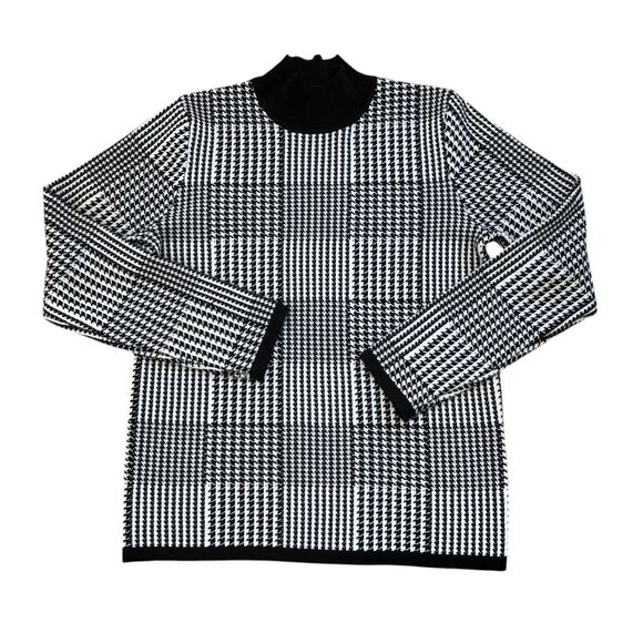 T Tahari Mock Neck Long Sleeve Black and White Houndstooth Cozy Preppy Sweater M - Picture 1 of 12